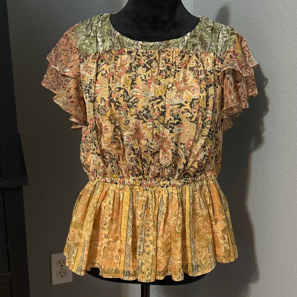 Chelsea & Theodore Blouse Size SP Boho Paisley Peplum Blouse Cottagecore Earthy